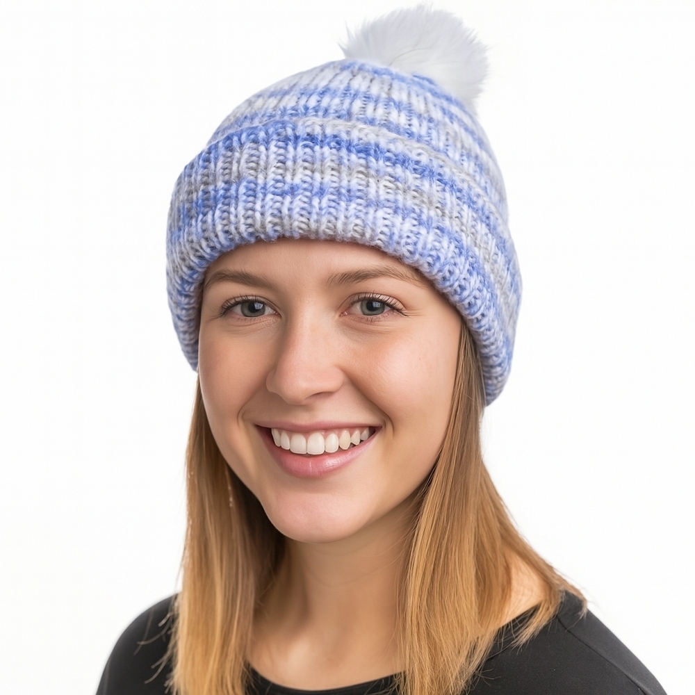 Hand Knit Beanie With Faux Fur Pom Pom Adult Size